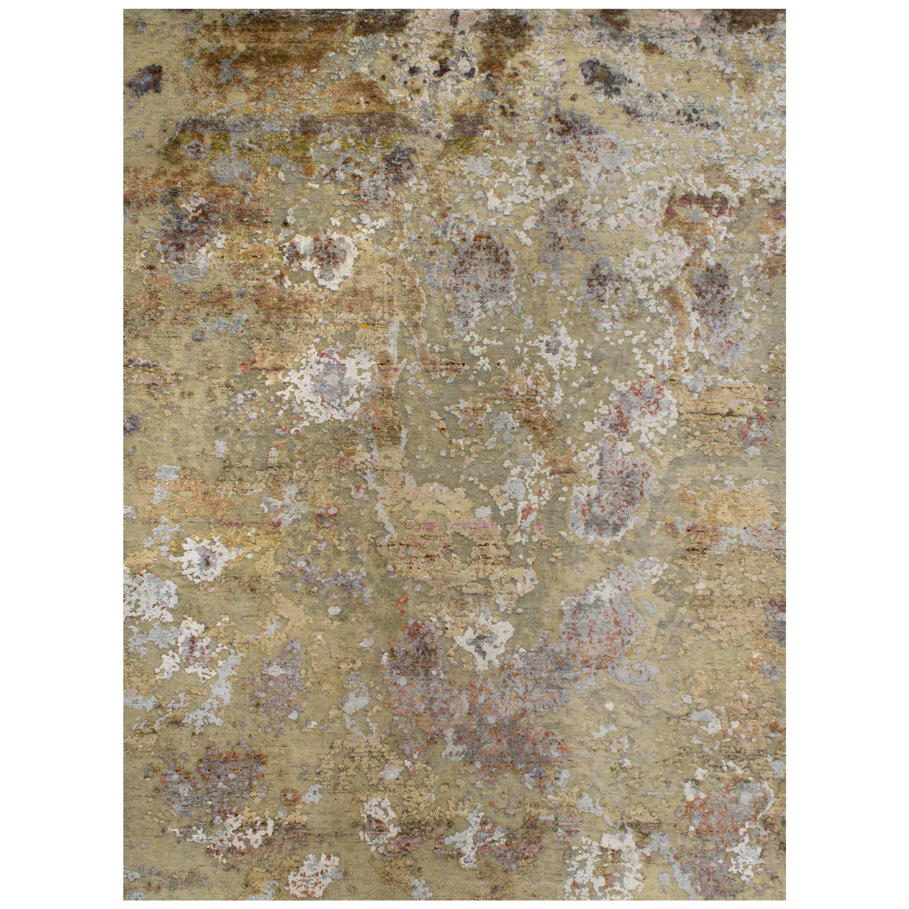 Moderner handgeknüpfter abstrakter Teppich aus Wolle und Seide in Gold, Beige, Pfirsich, Grau im Angebot