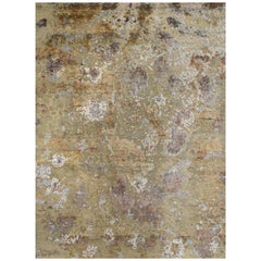 Tapis abstrait moderne en laine et soie noué à la main, doré, beige, beige, pêche et gris pêche