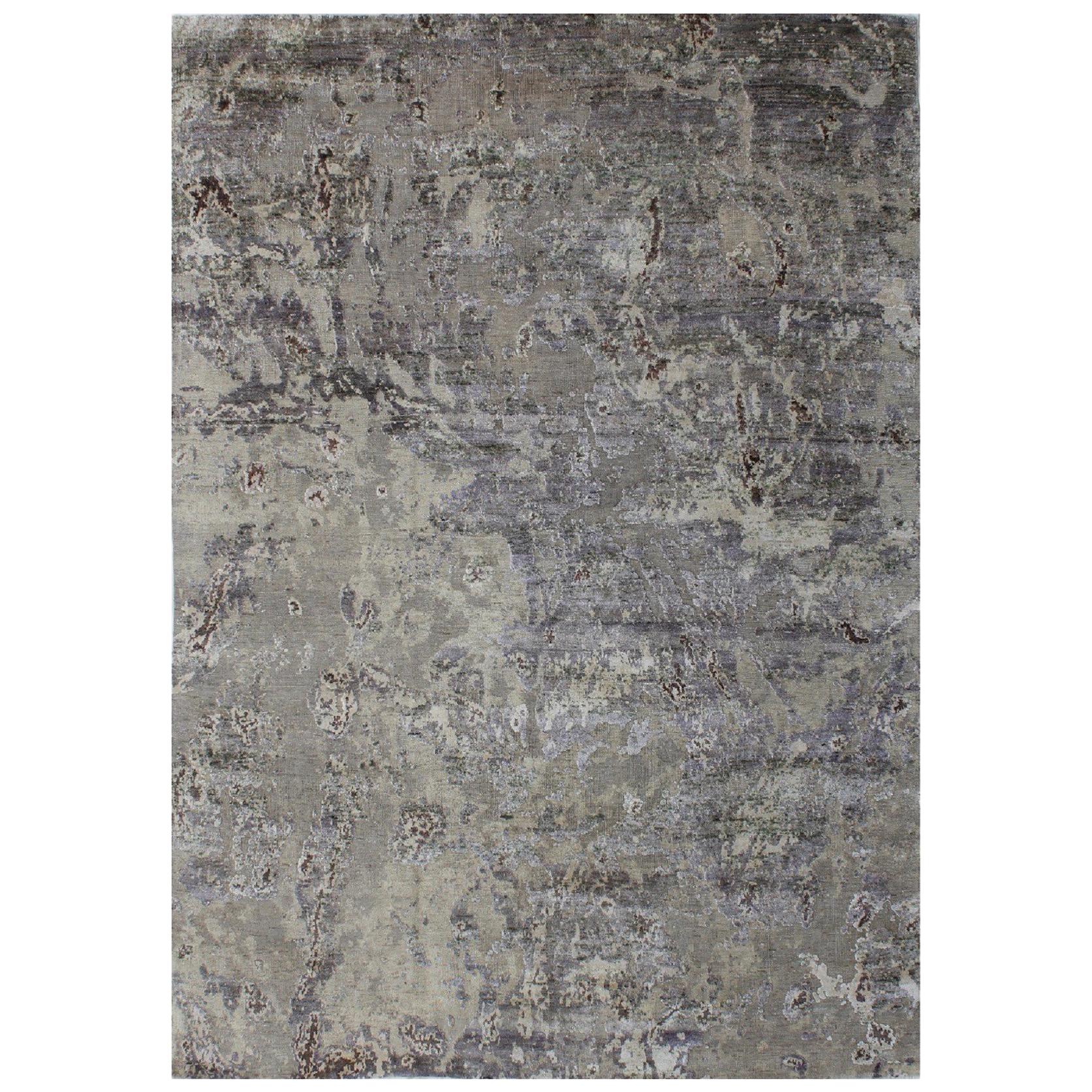 Organic Texture Abstract Grey Beige Wool and Silk Hand Knotted Rug in Stock