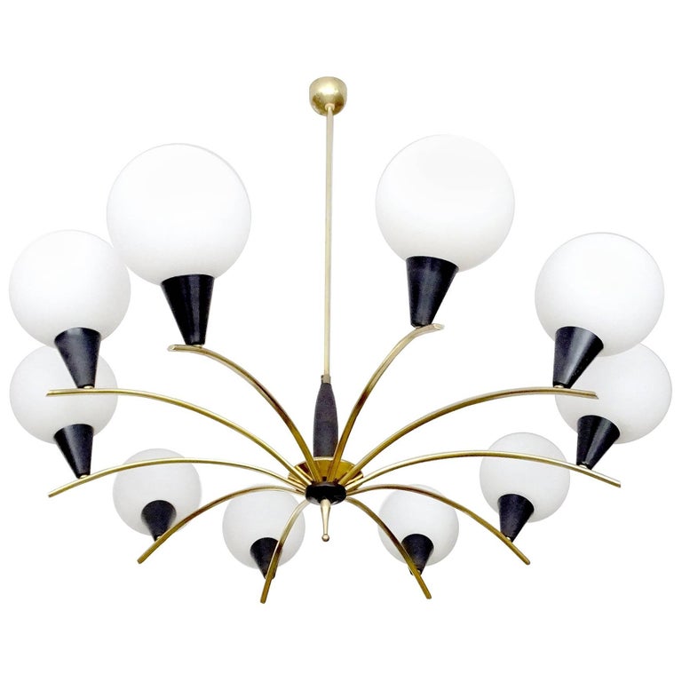 Large Midcentury 10 Lights Glass Globe Brass Sputnik Chandelier Large Midcentury 10 Lights Glass Globe Brass Sputnik Chandelier 1960s For
