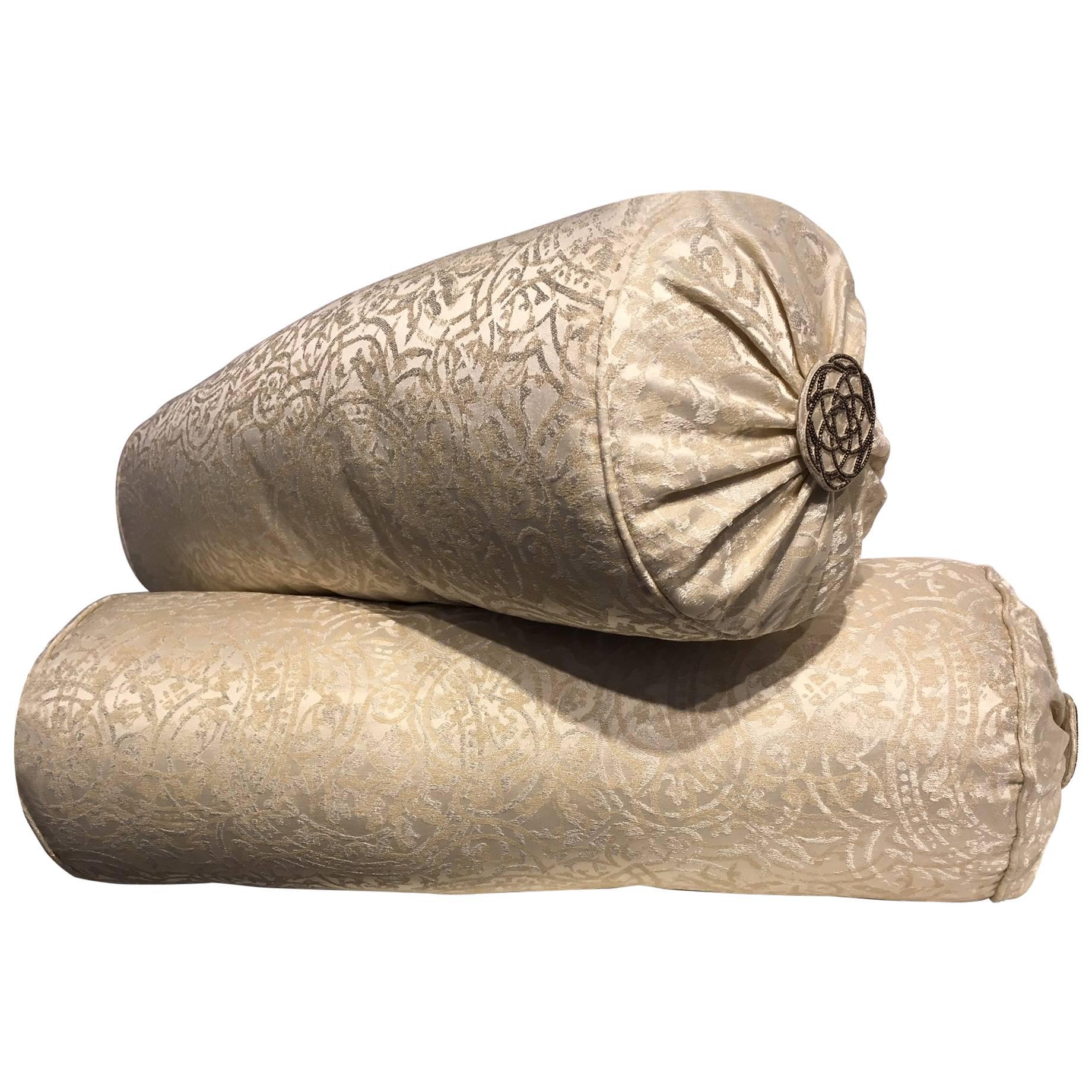 Silk Bolster Cushions Ornamental Pattern Color Ivory and Light Gold