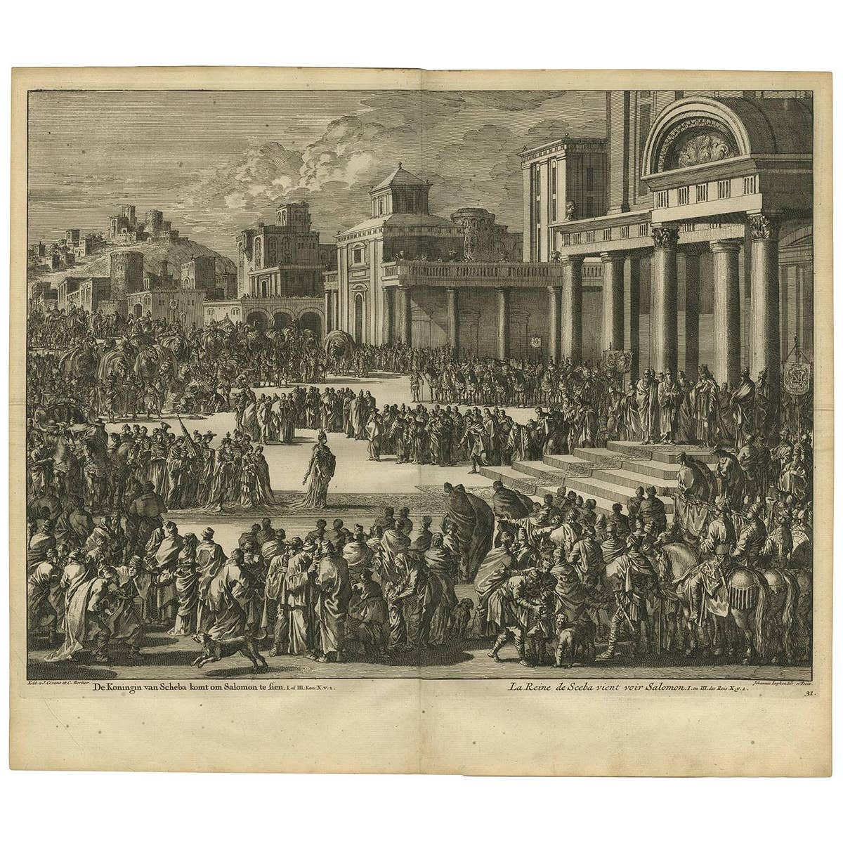 Antique Bible Print the Queen of Sheba Visits Solomon by J. Luyken, 1743
