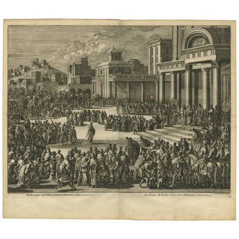 Antique Bible Print the Queen of Sheba Visits Solomon by J. Luyken, 1743