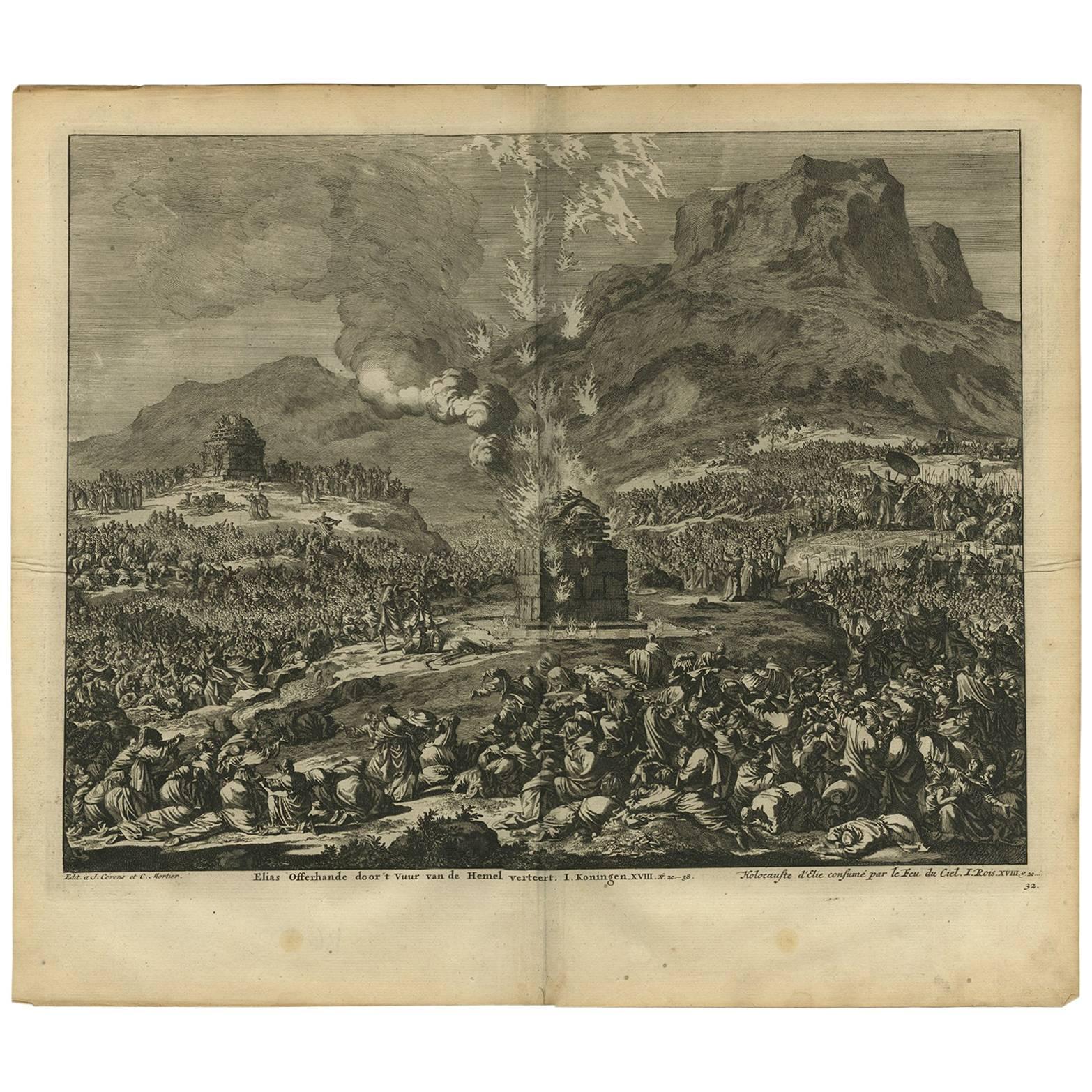 Antikes antikes Elijah's Burnt Offering mit Bibeldruck von J. Luyken, 1743
