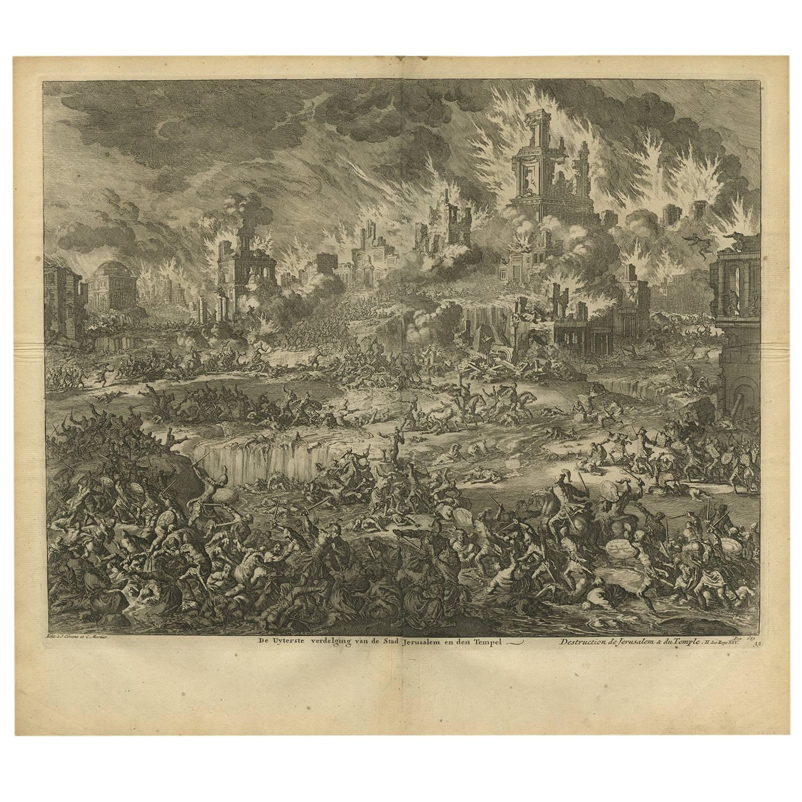 Antique Bible Print Destruction of Jerusalem and the Temple by J. Luyken, 1743