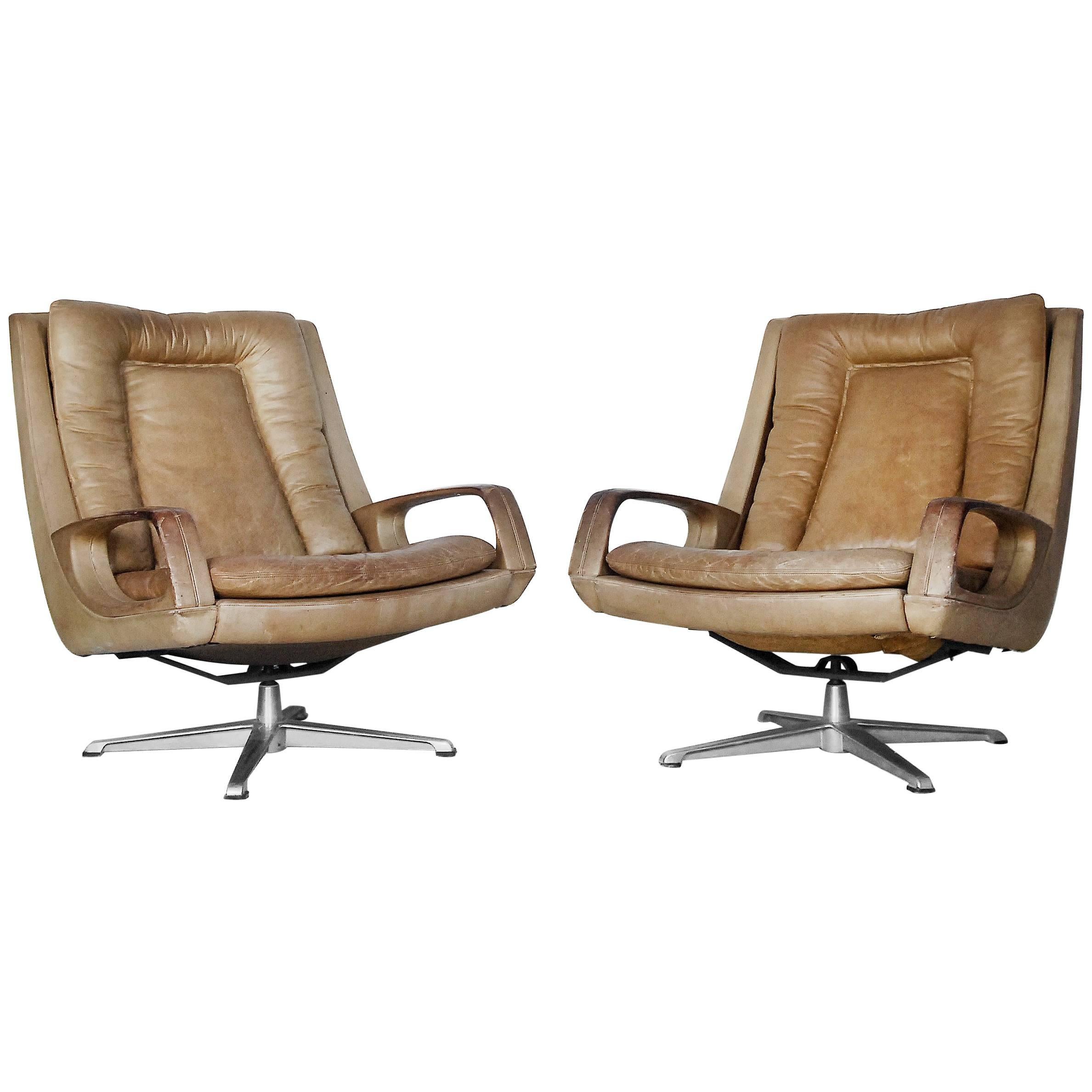 Swivel Leather Chairs by Carl Straub, 1950s, Set of Two For Sale