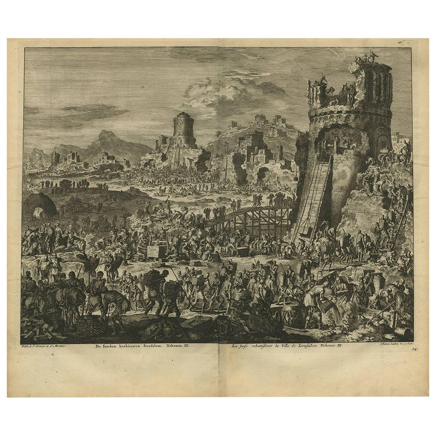 Antique Bible Print Rebuilding Jerusalem, 1743