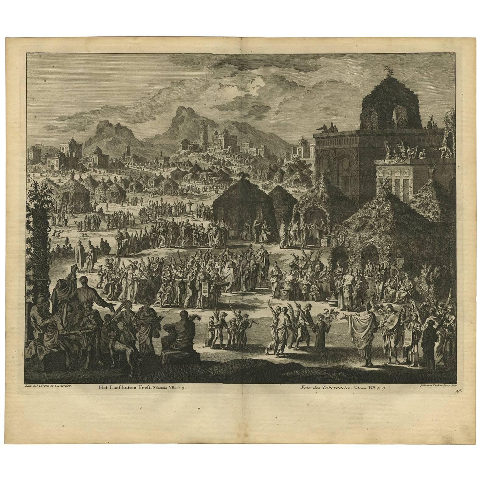 Grabado antiguo de la Biblia la Fiesta de los Refugios por J. Luyken, 1743