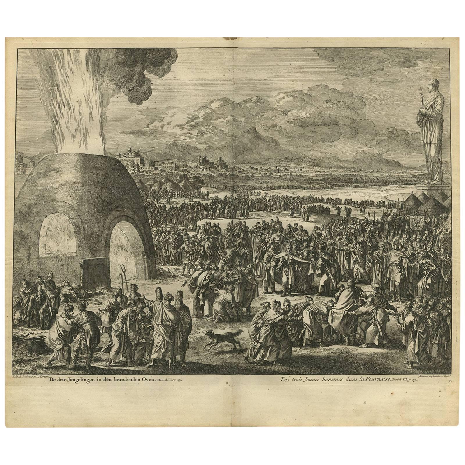 Antiker antiker Bibeldruck „Die feurige Furnace“ von J. Luyken, 1743