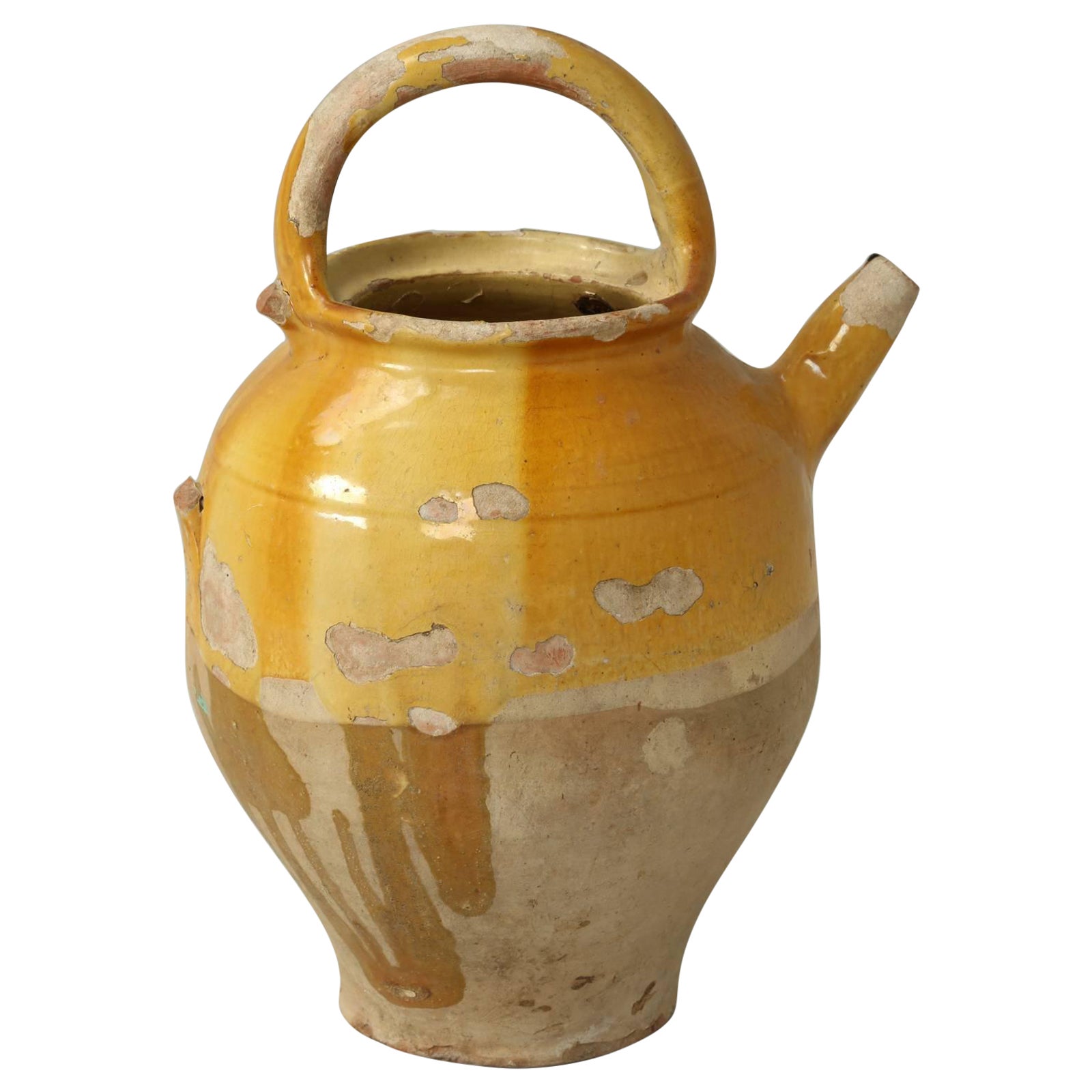 Antique French Ceramic Water Pitcher, or 'Cruche' Missing Small Side Handle For Sale