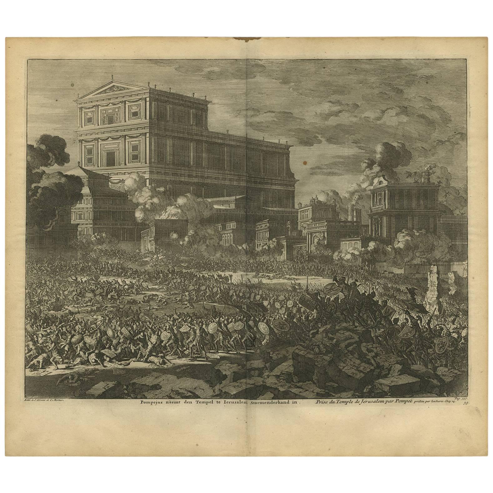 Antiker antiker Bibeldruck Pompey besiegt Jerusalem von J. Luyken, 1743