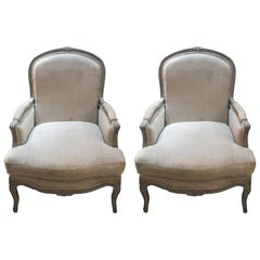 Pair of Greyish White Painted In the Style of Louis XV Bergere Chairs