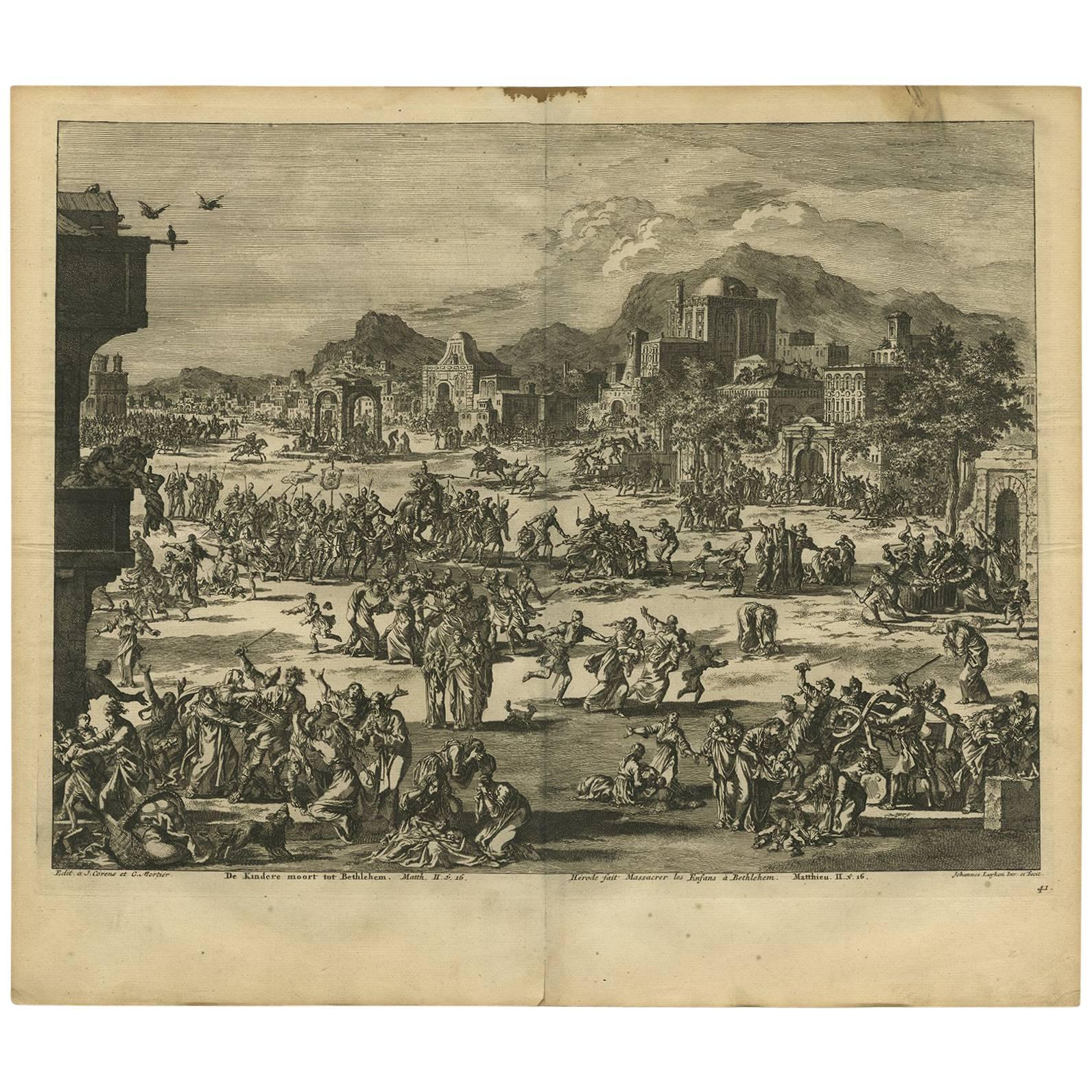 Antiker Bibeldruck „ Slaughter of the Innocents“ von J. Luyken, 1743 im Angebot