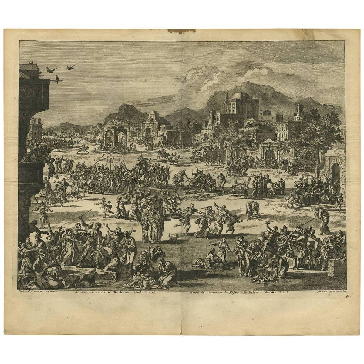 Antique Bible Print Slaughter of the Innocents by J. Luyken, 1743