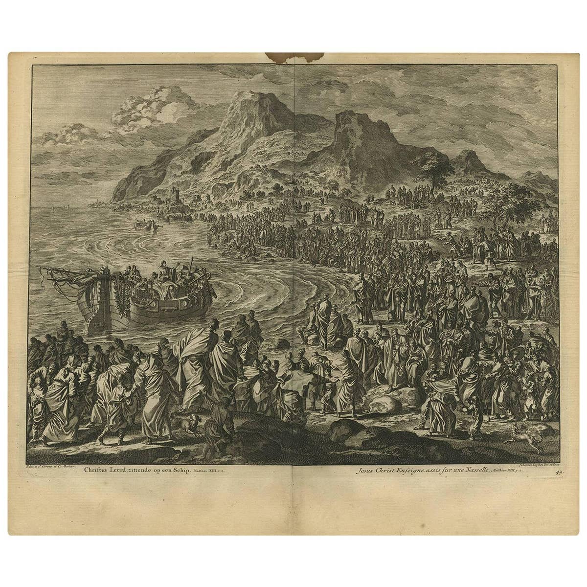 Antique Bible Print Jesus Teaching from the Boat by J. Luyken, 1743