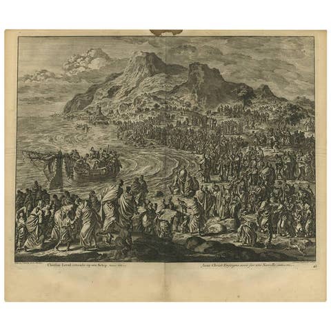 Antique Bible Print Jesus Teaching from the Boat by J. Luyken, 1743