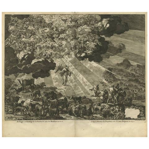 Antique Bible Print Angels Announce Birth of Jesus by J. Luyken, 1743