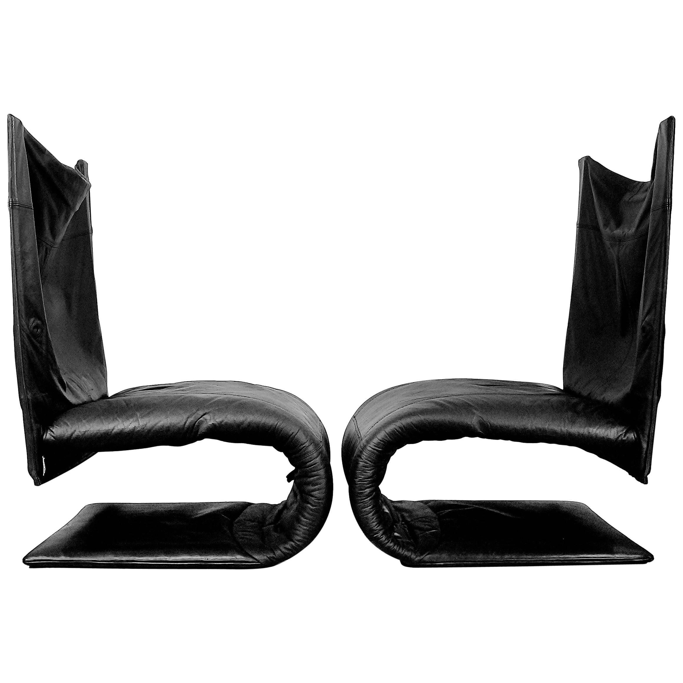 French Leather Zen Chair by Claude Brisson for Ligne Roset, 1980s, Set of Two For Sale