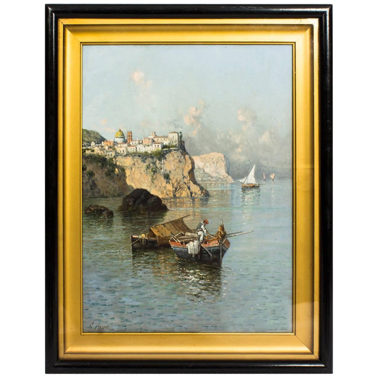 Antique Oil Painting Giuseppe Carelli Fishing Boats off the Coast 19th Century