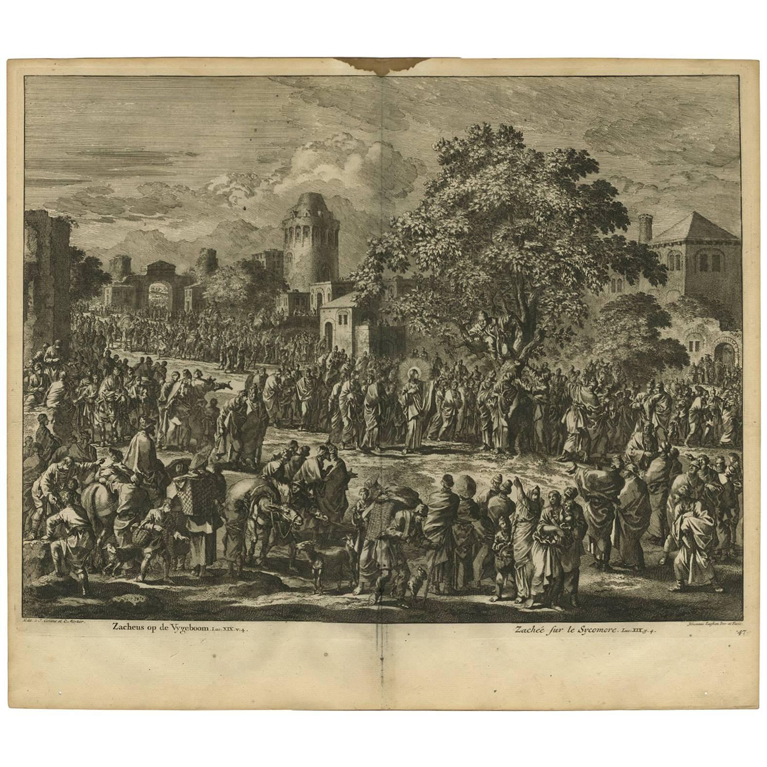 Antique Bible Print Zacchaeus Climbing a Sycamore Tree, 1743 For Sale