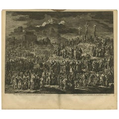 Antique Bible Print Jesus Crucified Along with Two Thiefs by J. Luyken, 1743
