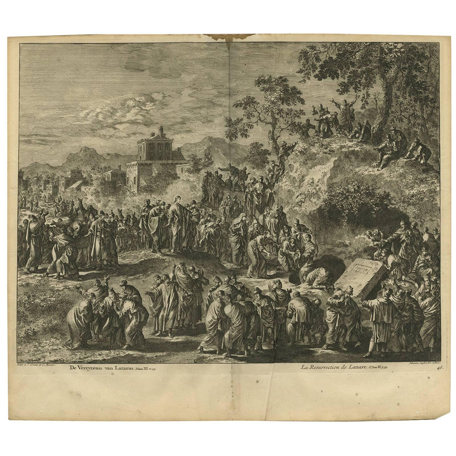 Antique Bible Print the Resurrection of Lazarus, 1743