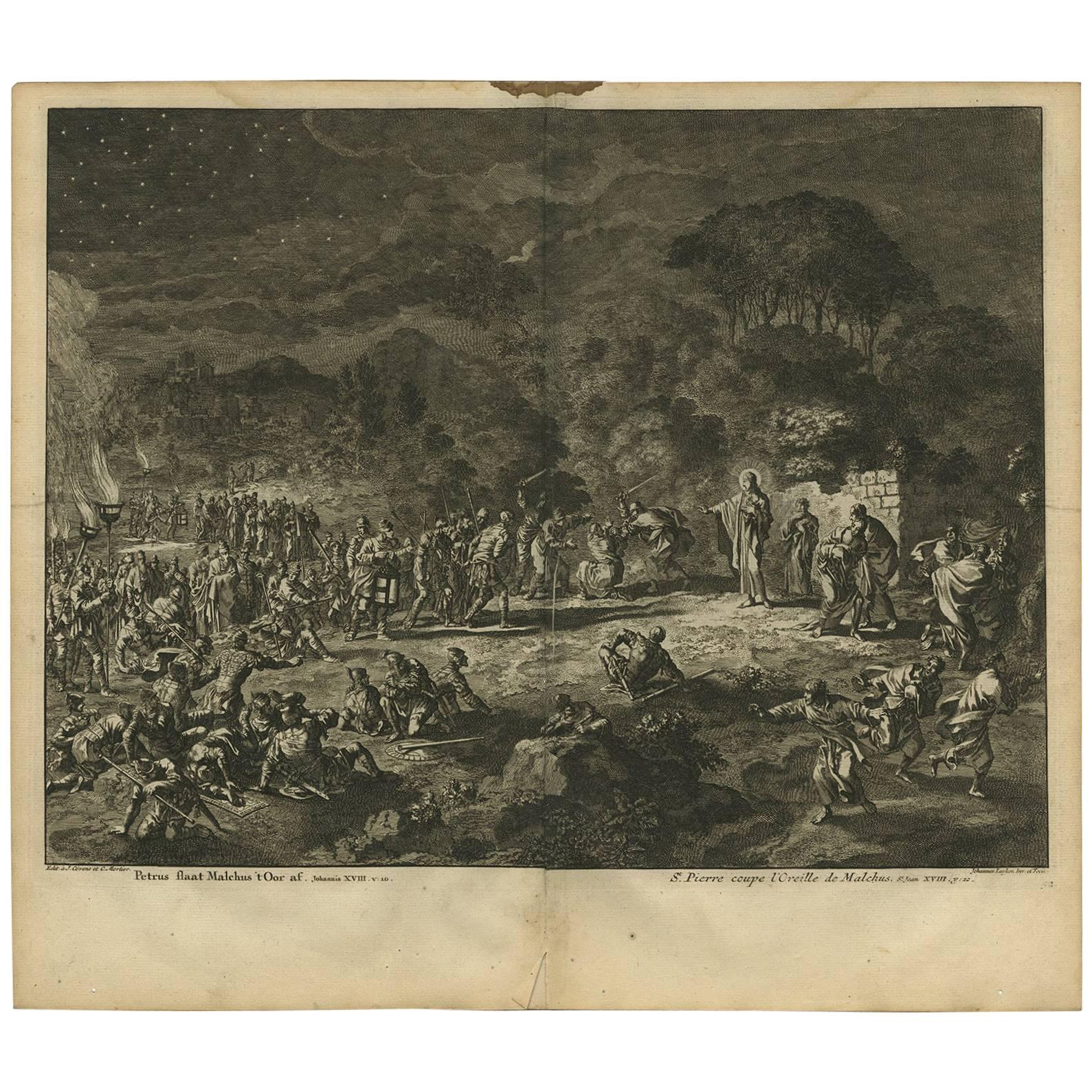 Antique Bible Print Peter Cuts off the Ear of Malchus, 1743 For Sale