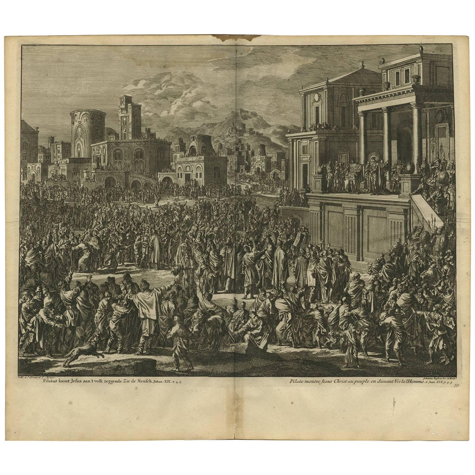 Antiker antiker Bibeldruck von Pilaten und Jesus von J. Luyken, 1743