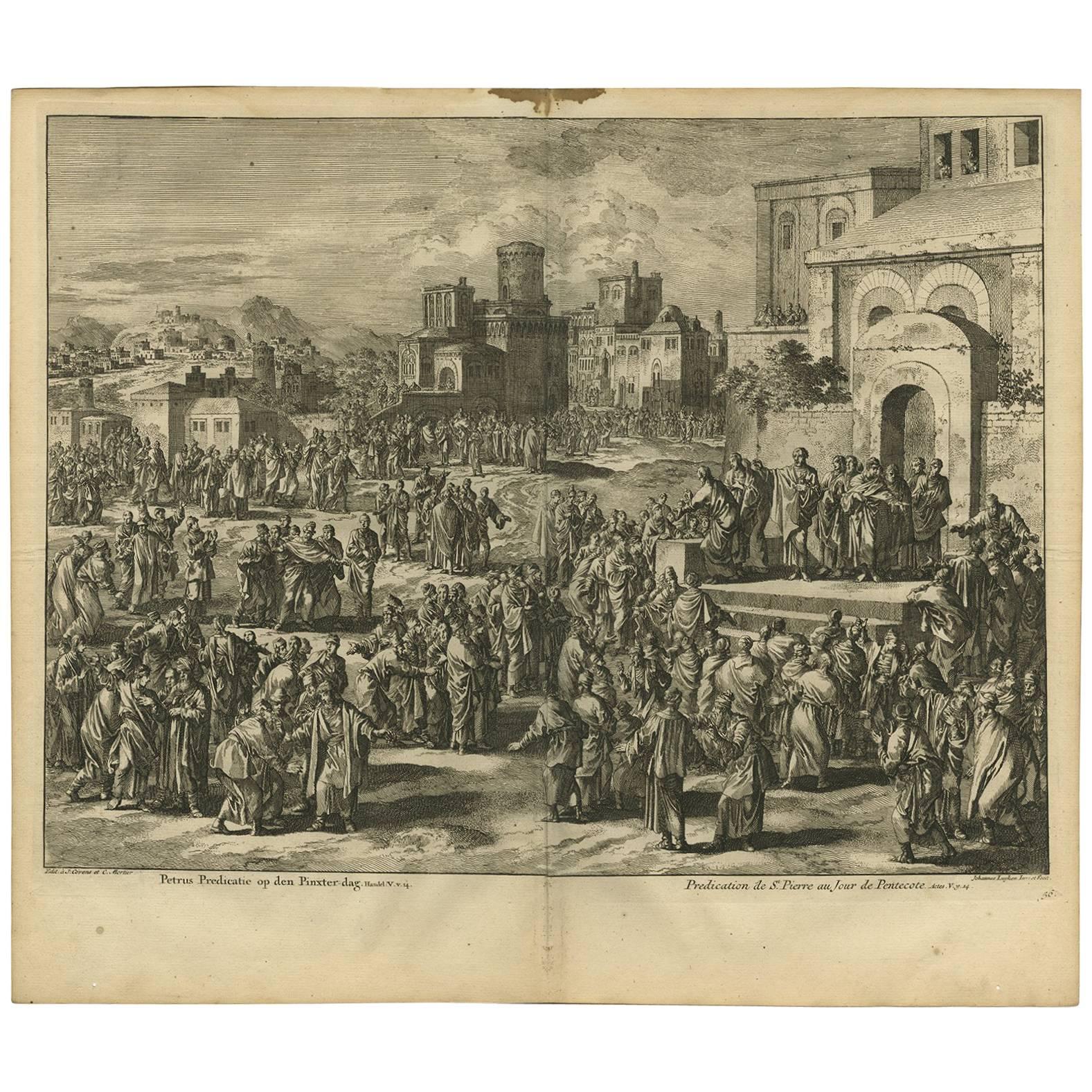 Antique Bible Print Peter's Sermon at Pentecost by J. Luyken, 1743 For Sale