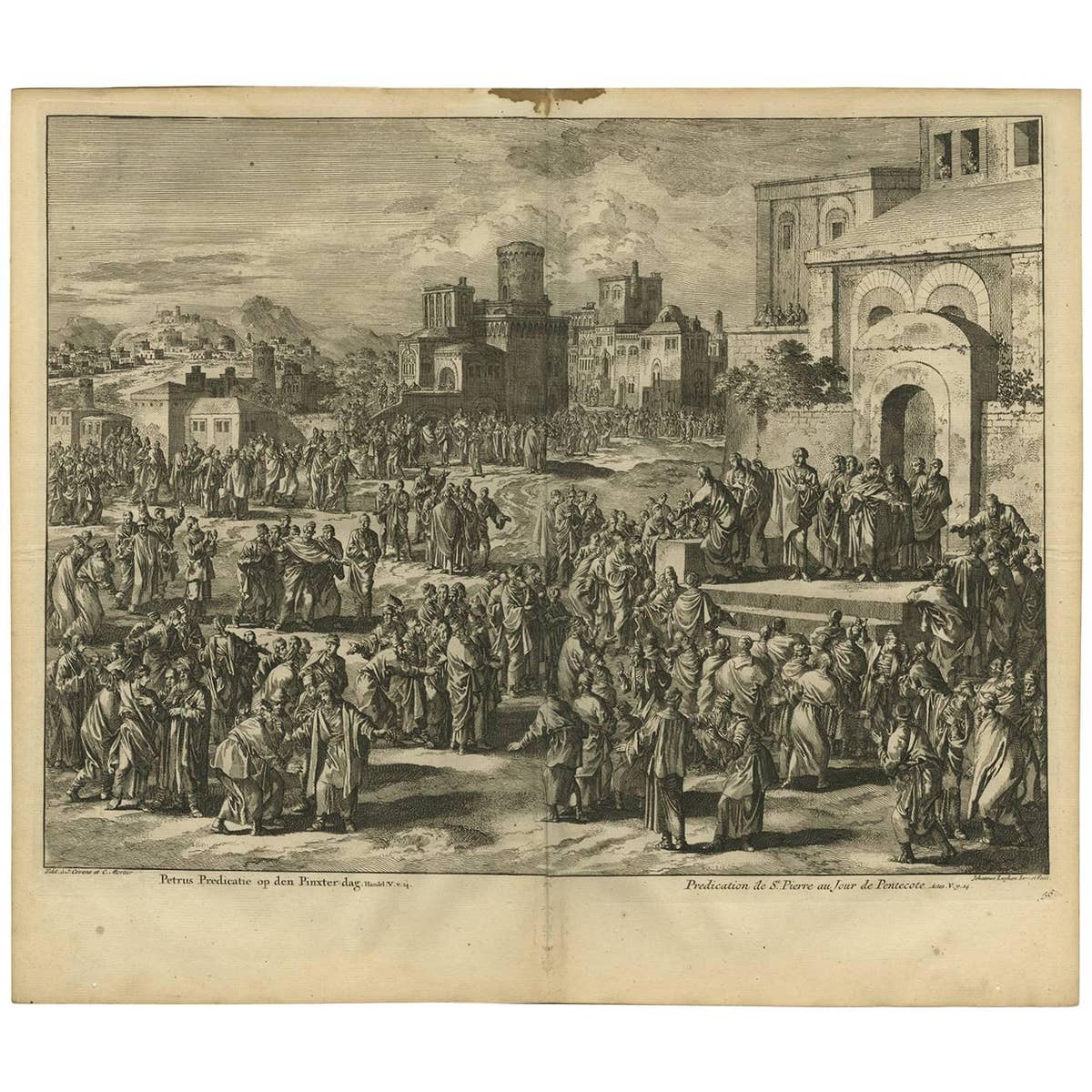 Antique Bible Print Peter's Sermon at Pentecost by J. Luyken, 1743