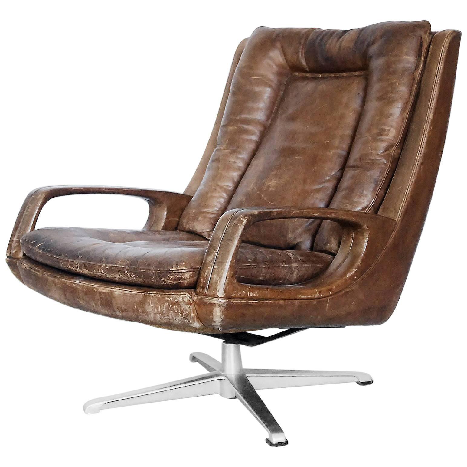Swivel Leather Lounge Chair by Carl Straub, 1950s For Sale