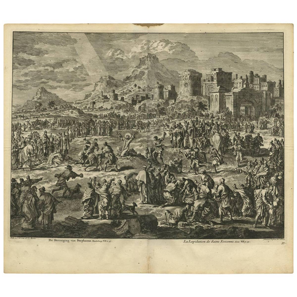 Antique Bible Print the Stoning of Saint Stephen by J. Luyken, 1743