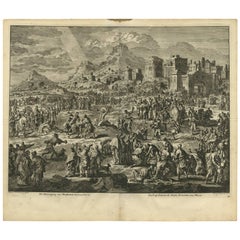 Stampa antica della Bibbia sulla lapidazione di Santo Stefano di J. Luyken, 1743