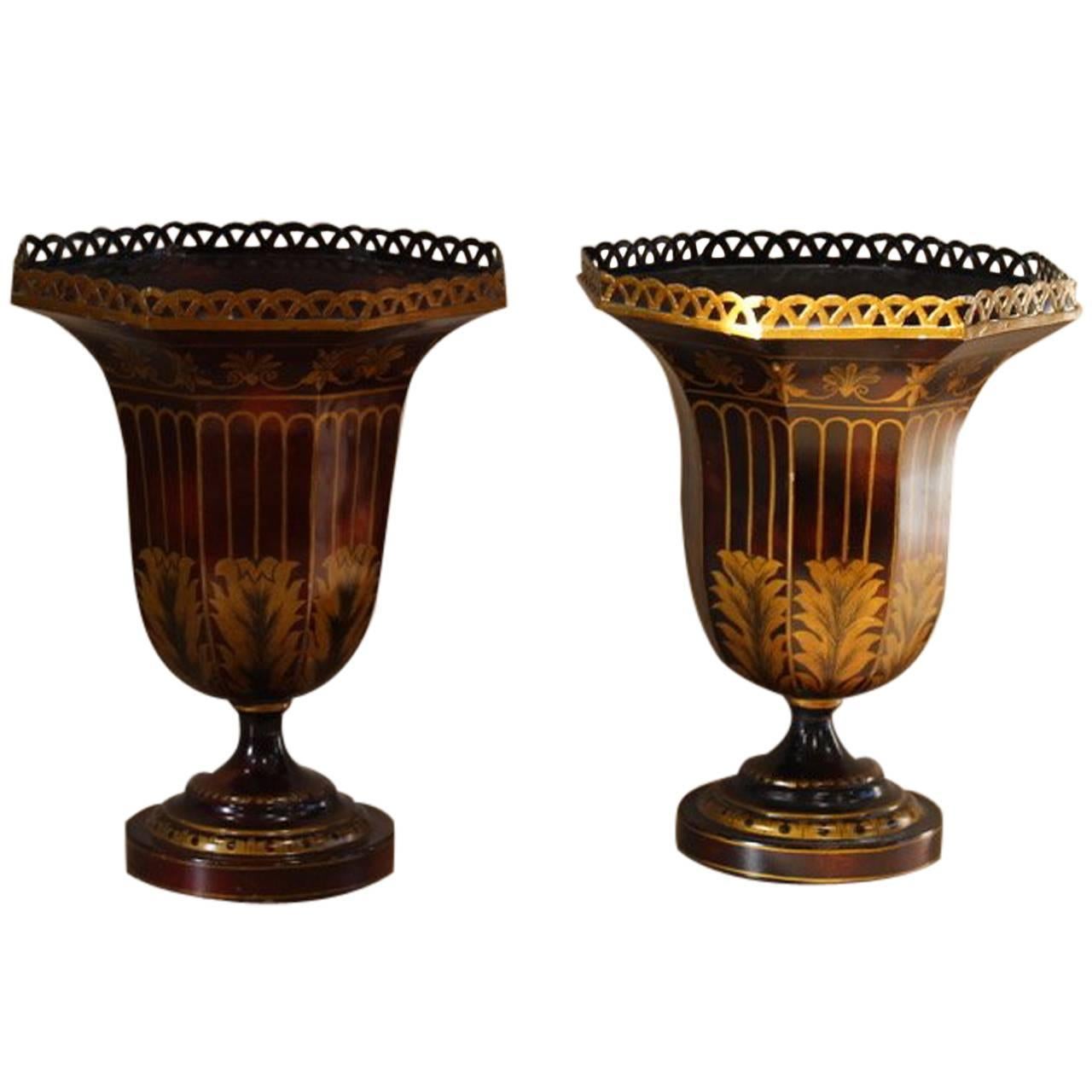 Pair of 1960s Italian Japanned Tole Urns