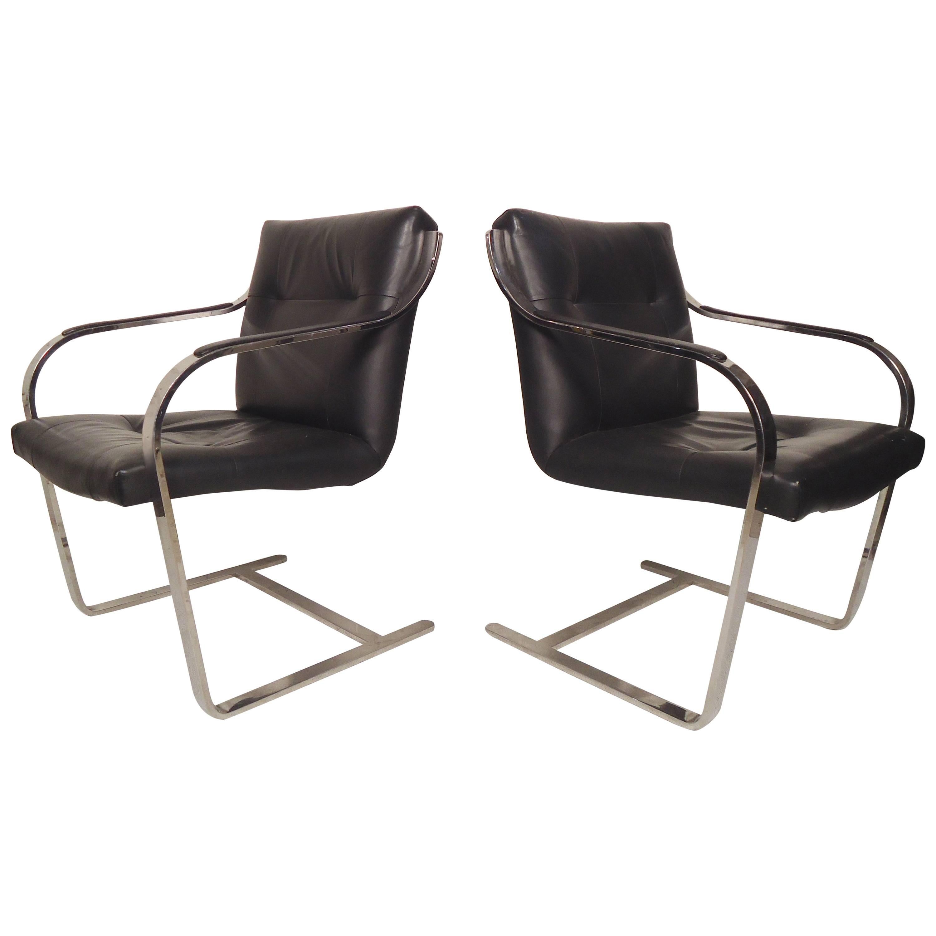 Sleek Midcentury Leather Chrome Chairs For Sale