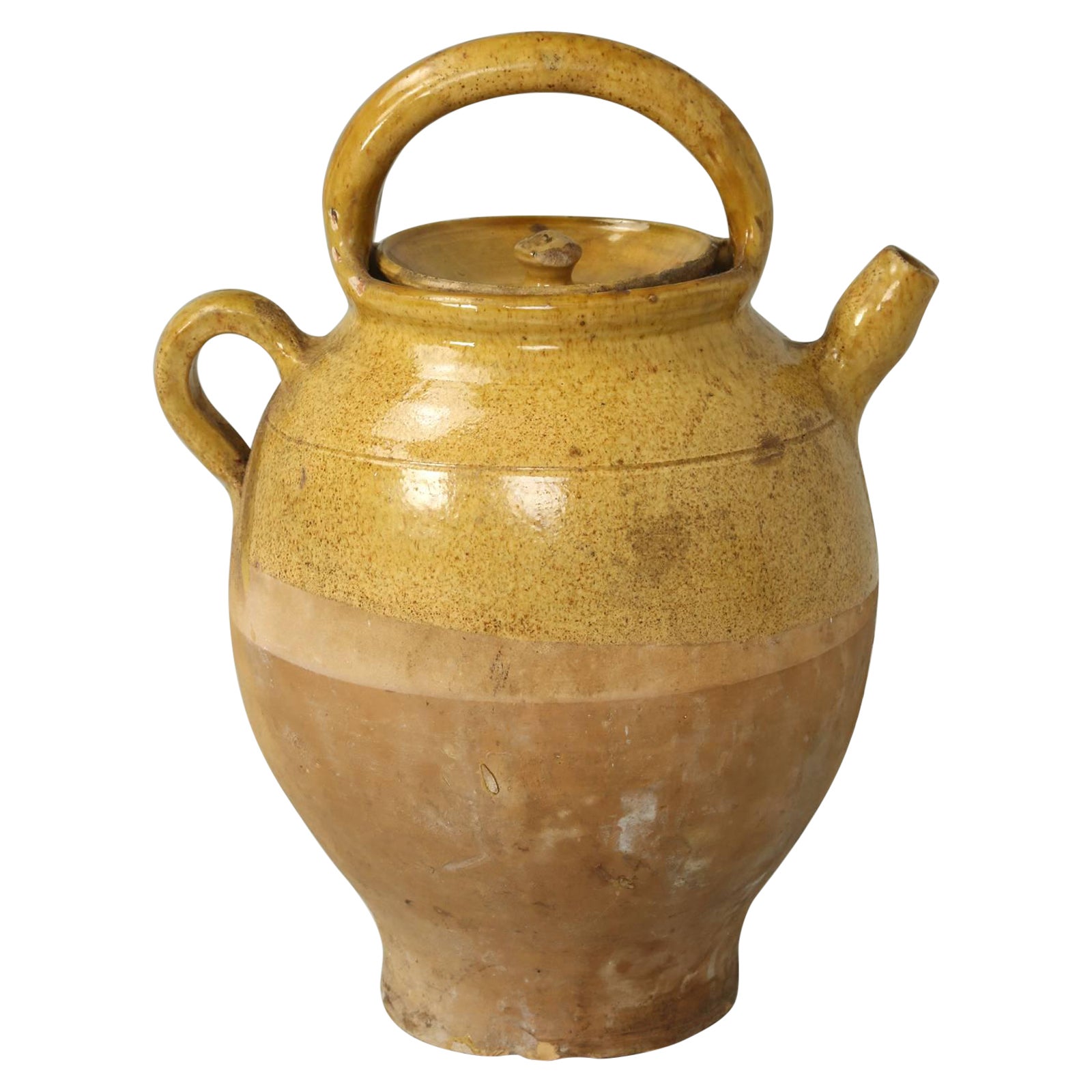Antique French Authentic Ceramic Water Pitcher, or 'Cruche' with Handle and Lid For Sale
