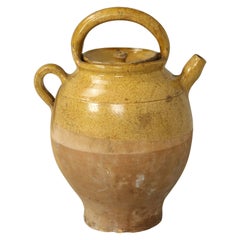 Antiker französischer authentischer Keramik-Wasserkrug oder „Cruche“ aus Keramik mit Henkel und Deckel