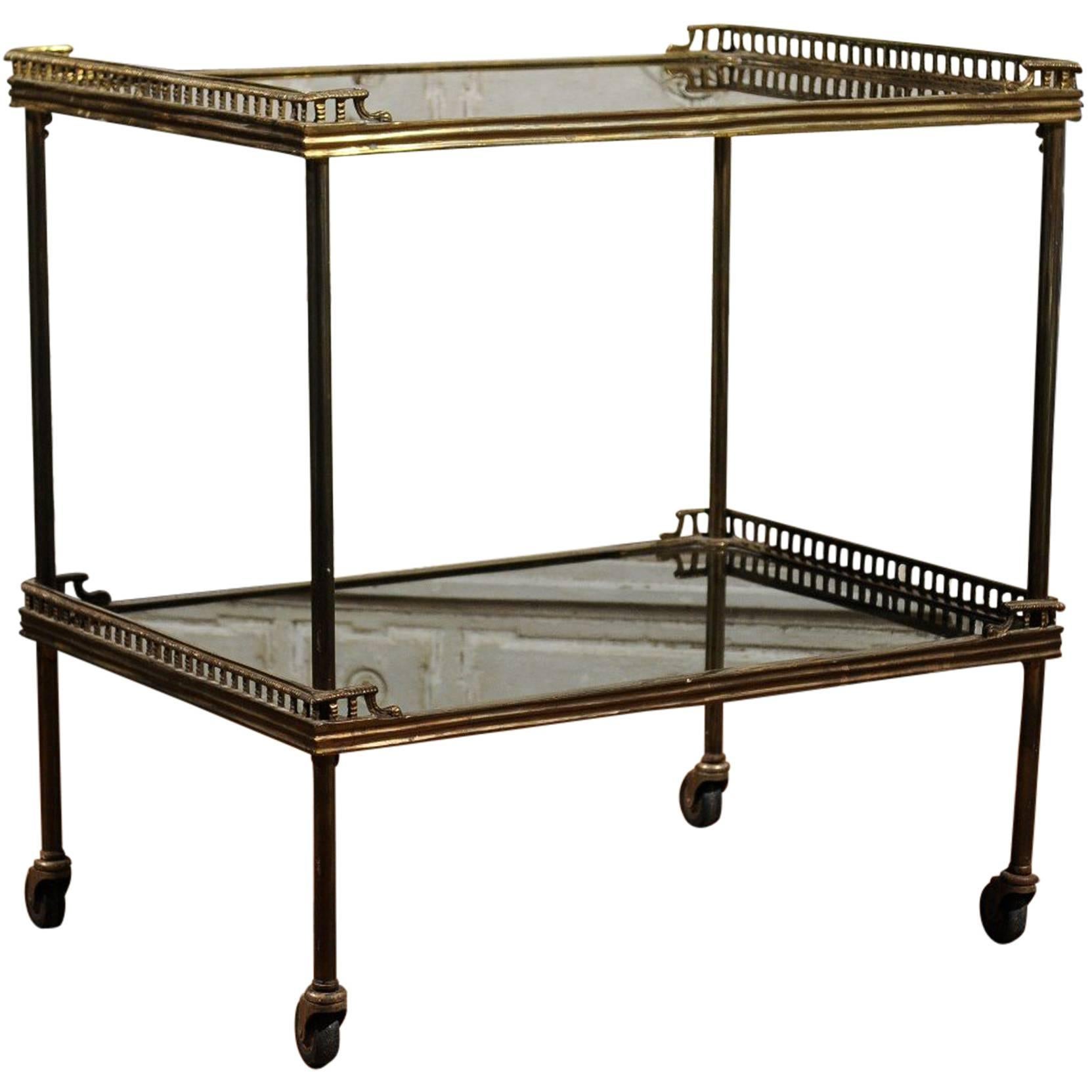 Continental Tiered Brass Trolley on Casters with Mirrored Shelves, circa 1900