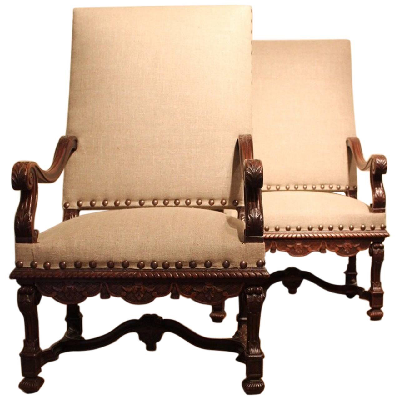 Pair of 19th Century French Carved Walnut Armchairs