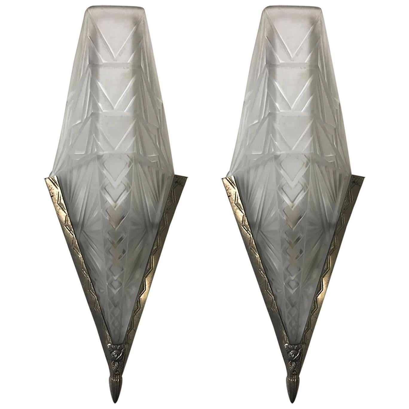 Pair of French Art Deco Geometric Wall Sconces by E.J.G.