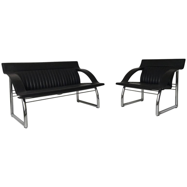 De Sede DS-127, Rare Black Leather Sofa and Lounge Chair by Gerd Lange, 1980s For Sale