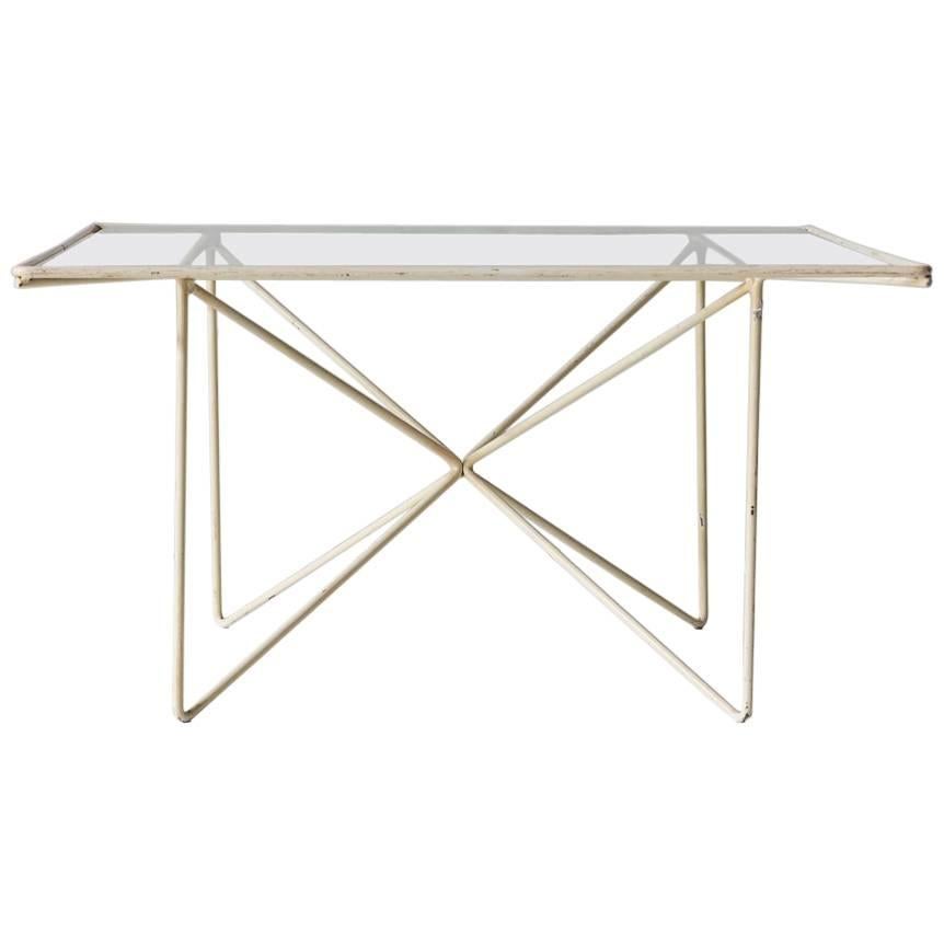 Vintage French Geometric White Metal and Glass Cocktail Table