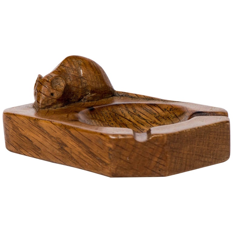 Robert Mouseman Thompson Oak Ashtray with Carved Mouse, England, circa