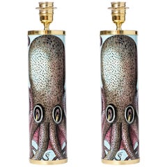 Barnaba Fornasetti pair of cylindrical lamp bases "Polipo", Italy 2017