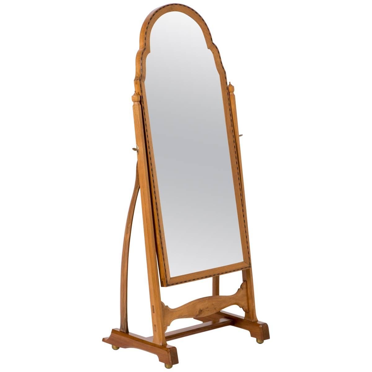 Gordon Russell walnut floor mirror with ebony and yew wood Inlay, England, 1925 For Sale