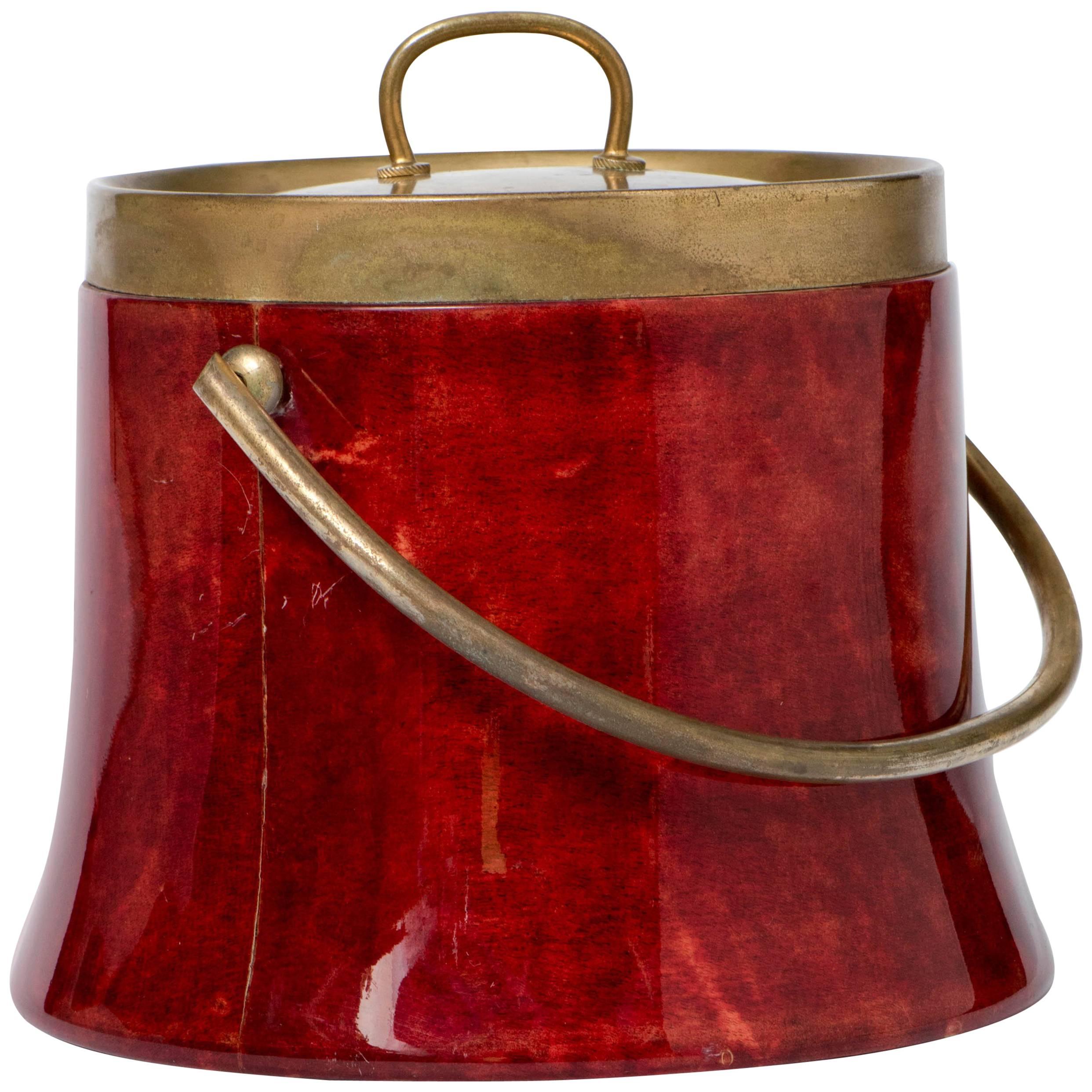 Aldo Tura ice bucket in red goat skin with brass mounts, Italy, circa 1950 For Sale
