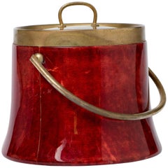 Aldo Tura ice bucket in red goat skin with brass mounts, Italy, circa 1950