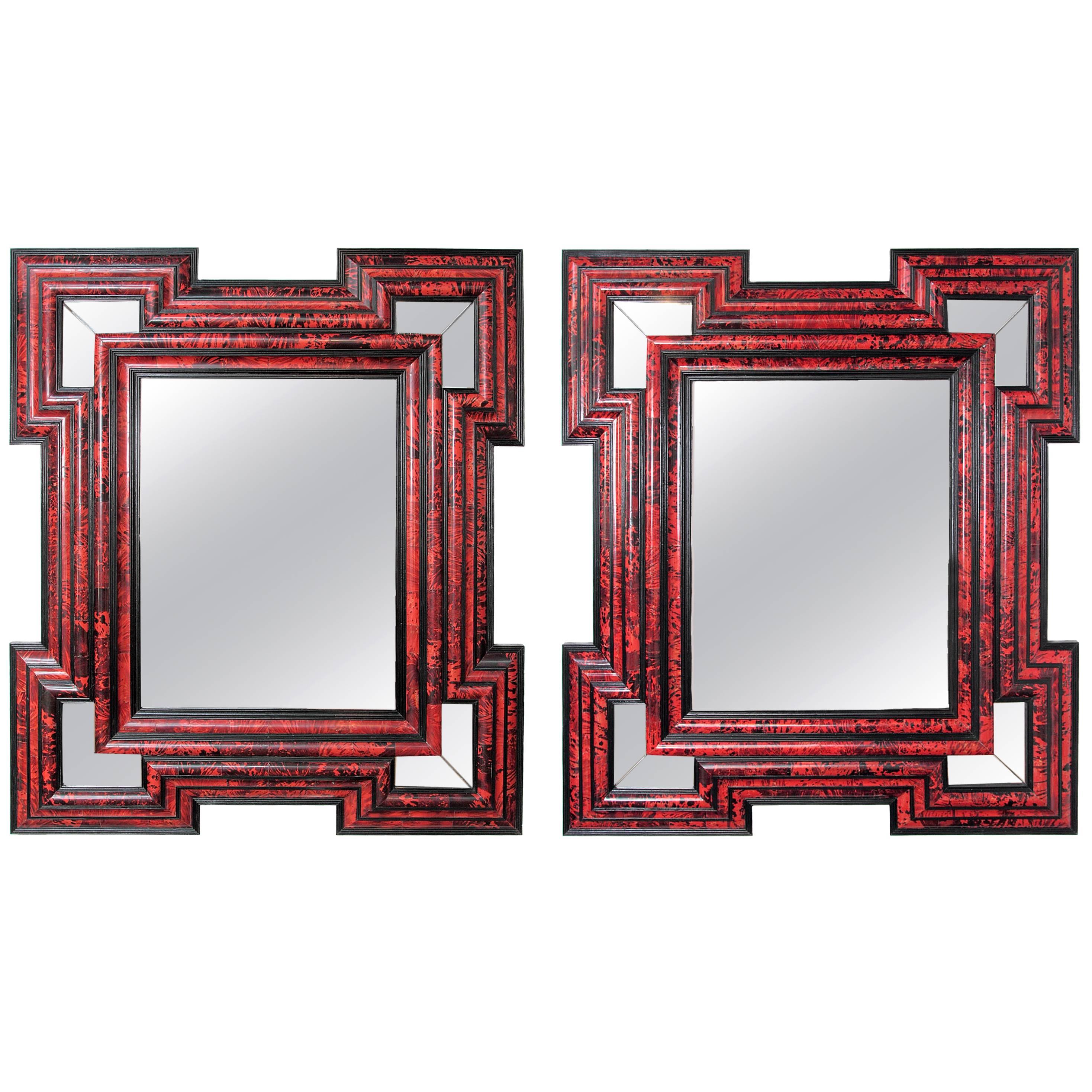 Large Scale Pair of Exceptional Dutch Baroque-Style Red Tortoise Mirrors