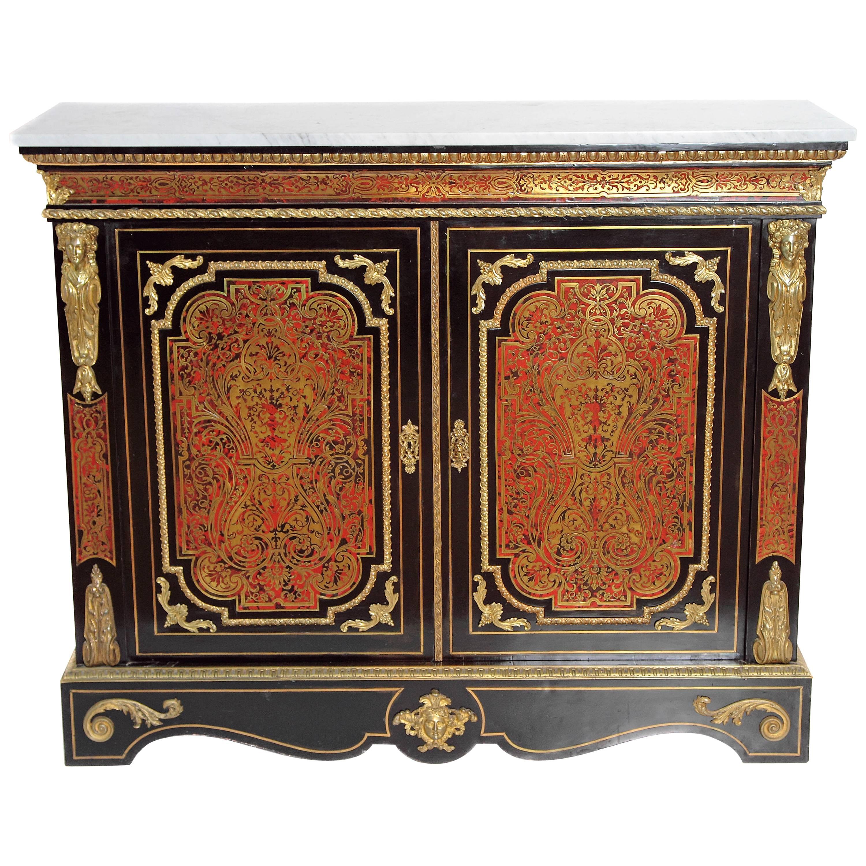 French Louis XVI Style Boulle Work Cabinet with Red Tortoise