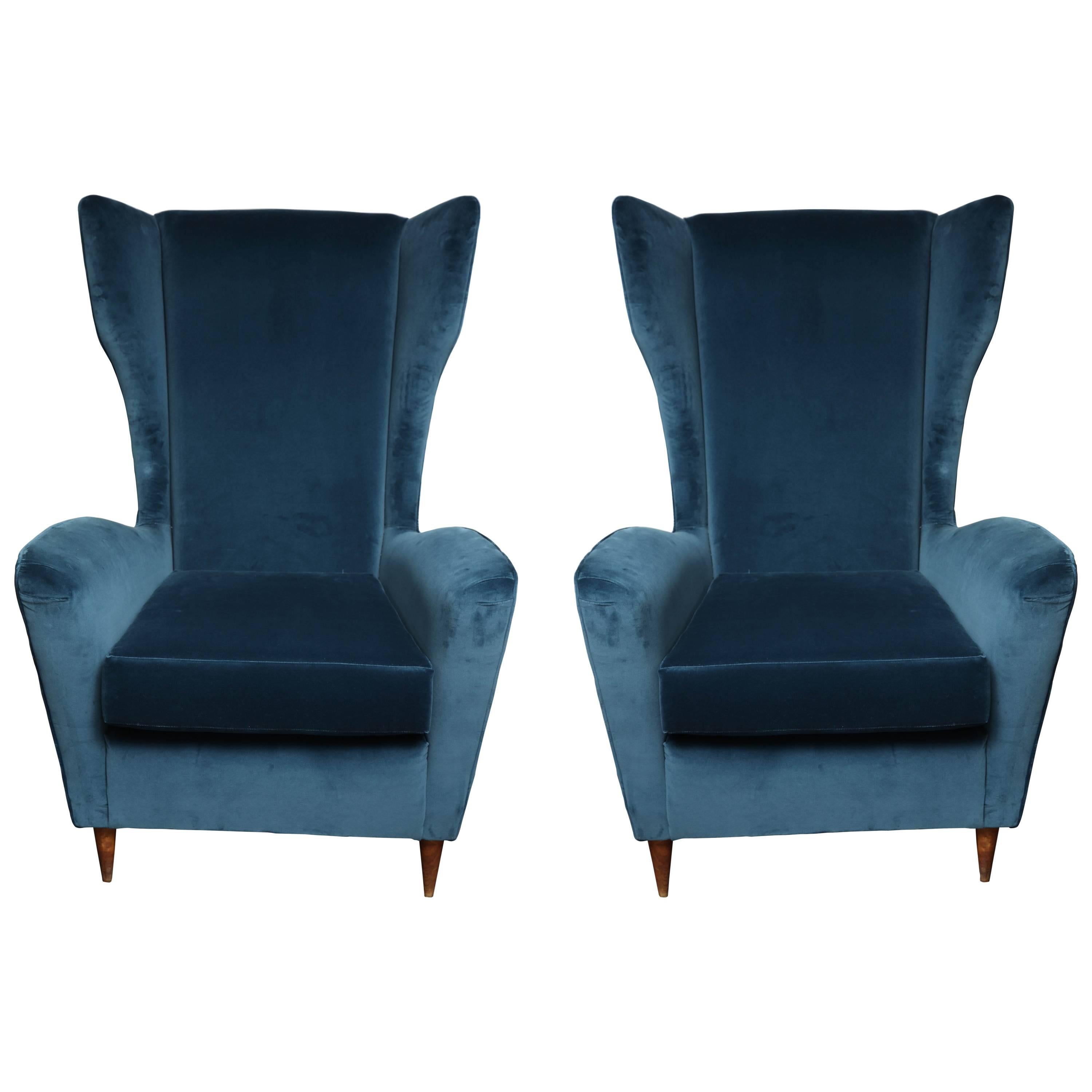 Vintage Italian Modern Wingback Chairs in Blue Velvet